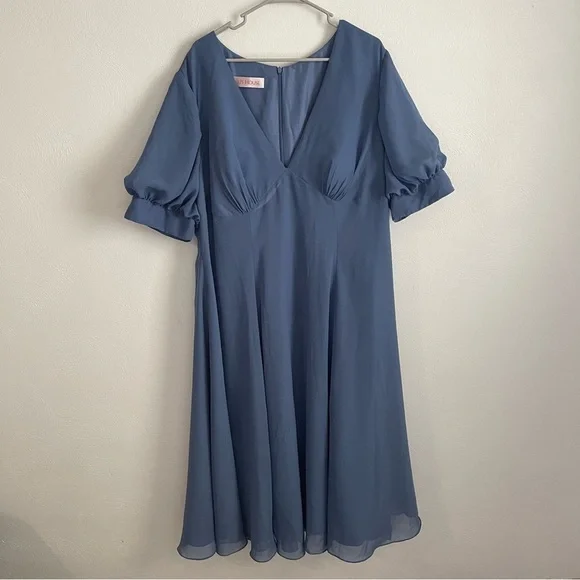 NWT JJ’s House V-nech A-line Chiffon Midi Dress Puff Sleeves Tea-Length 271450 - Picture 2 of 11